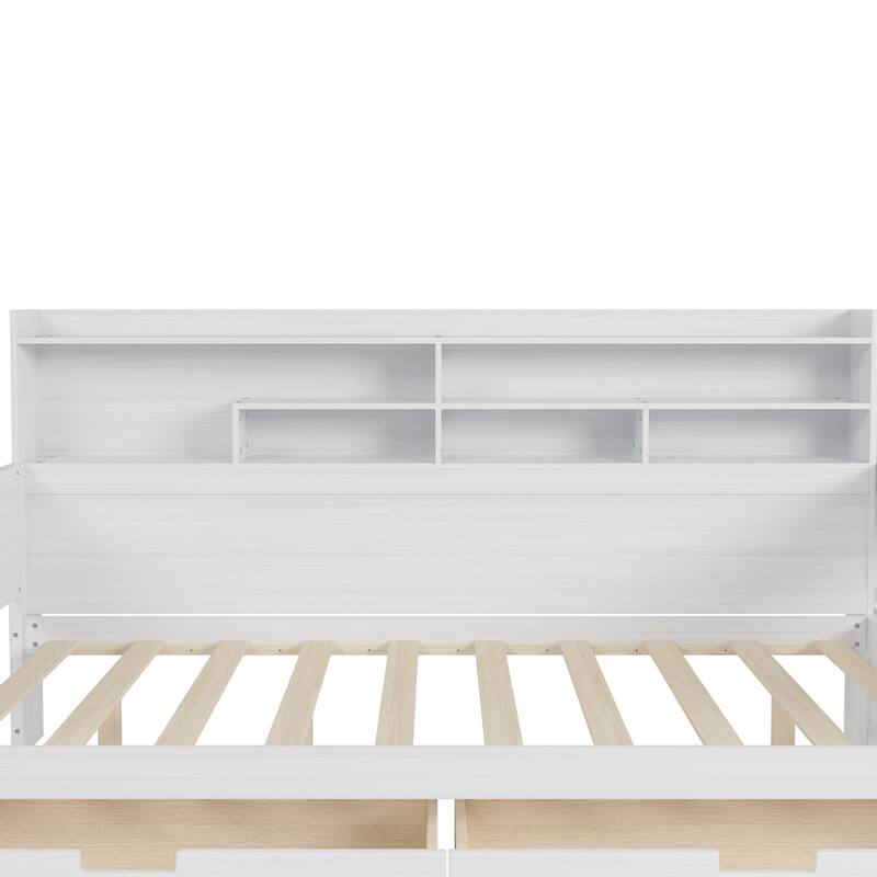 Full Size Daybed with Storage Shelves, Multi-functional Bed with Two Storage Drawers and Study Desk