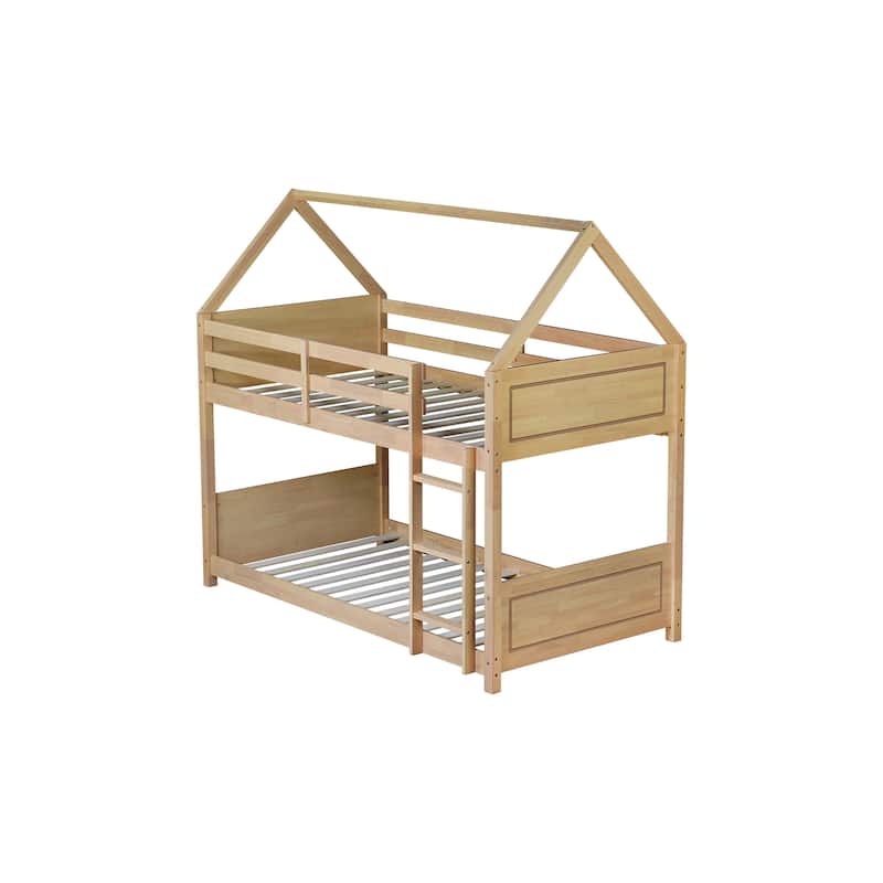Twin Over Twin Low Bunk Bed with House-shaped Bed Roof Frame, Ladder, Guardrails, Headboards and Footboards For Kids Floor Bed