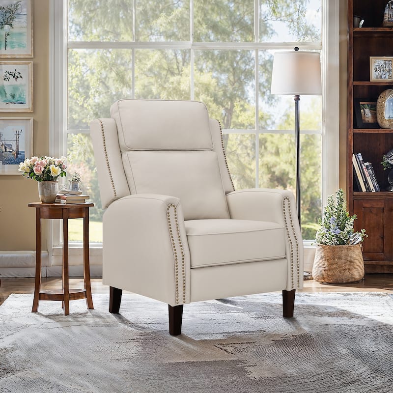 Genuine Leather Recliner Push Back Recliner Chair 3 Adjustable Armchair with Wooden Legs for Living Room, Bedroom - Beige/Single