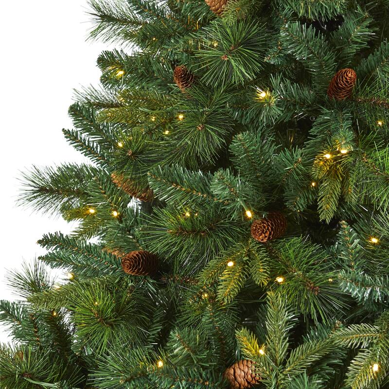 7.5Ft Artificial Christmas Tree with Lights & Pine Cones - Full Body Holiday Decor - Green - 84