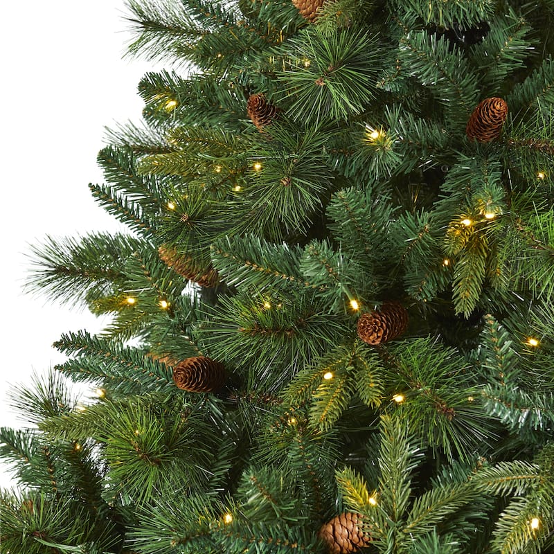 7ft Artificial Christmas Tree with Lights & Pine Cones - Full Bodied Holiday Decor, Indoor Tree - Green - 84