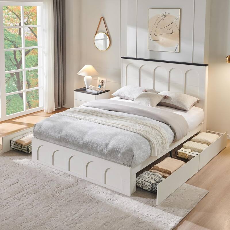 Modern Queen Size Bed Frame, 52" Tall Arched Recessed Headboard - Antique White