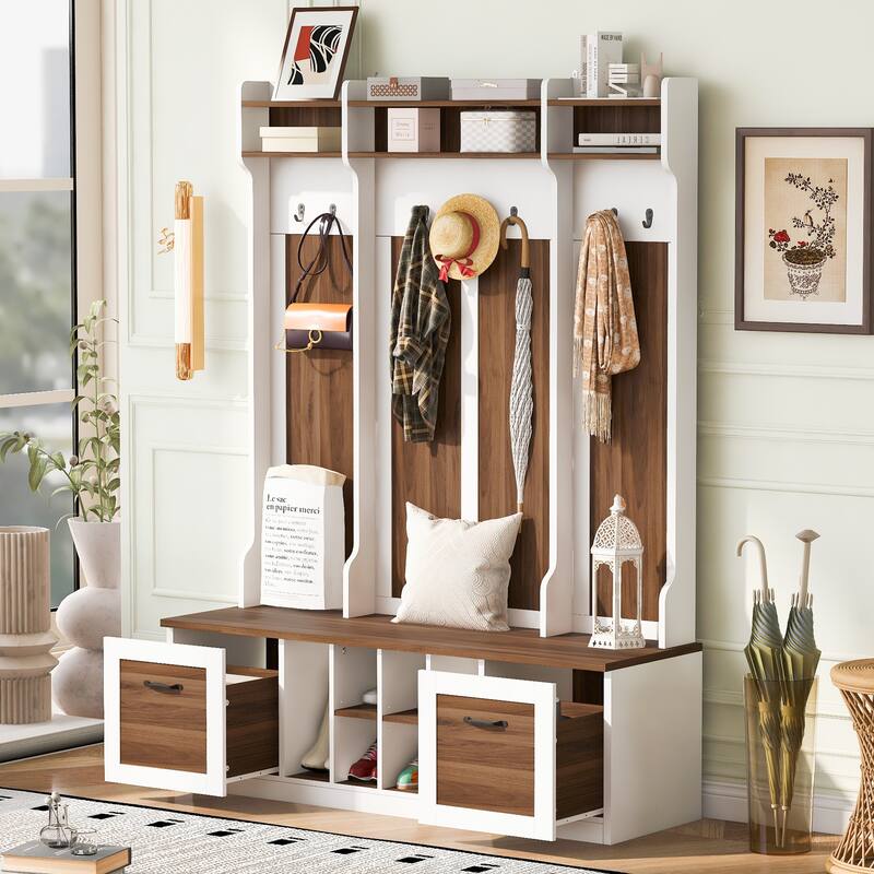 5-in-1 Entryway Bench with Coat Rack, 7 Sturdy Hooks, Adjustable Shelves, Drawers, and Metal Handles - Brown+White