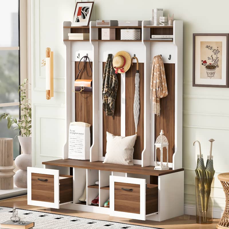 Modern Hall Tree Cabinet with Bench & Adjustable Shelves, Entryway Storage Cabinet Coat Rack with Walk-in Closet - Brown+White