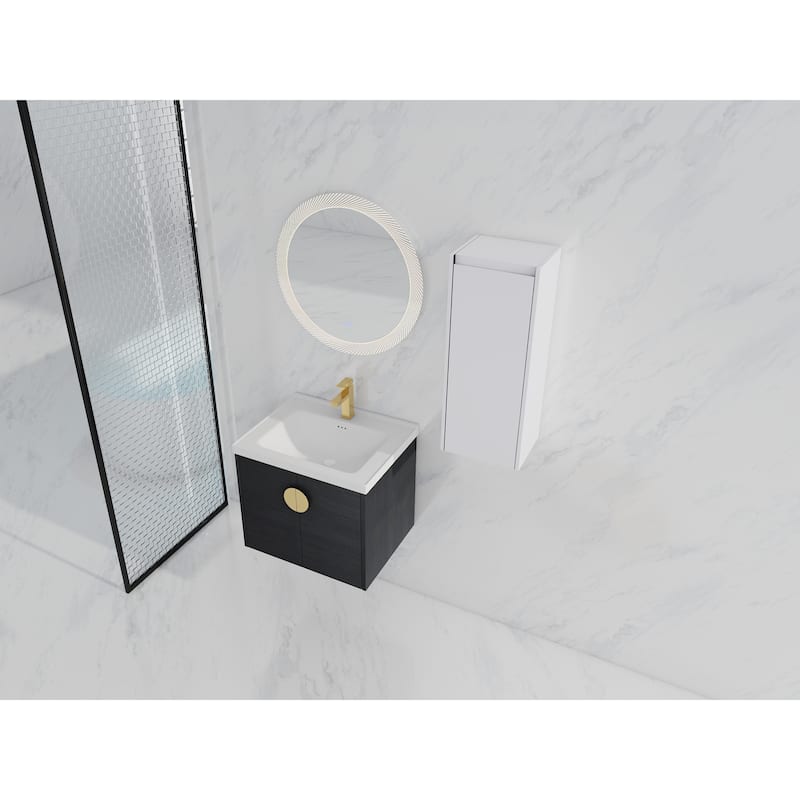24" Wall-Mounted Bathroom Vanity With Ceramic Sink and Side Cabinet, Soft Close Doors, Combination Cabinet