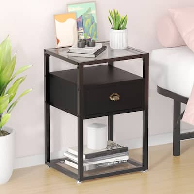 VECELO, Modern 1-Drawer Nightstand with 2-tier Glass Shelves
