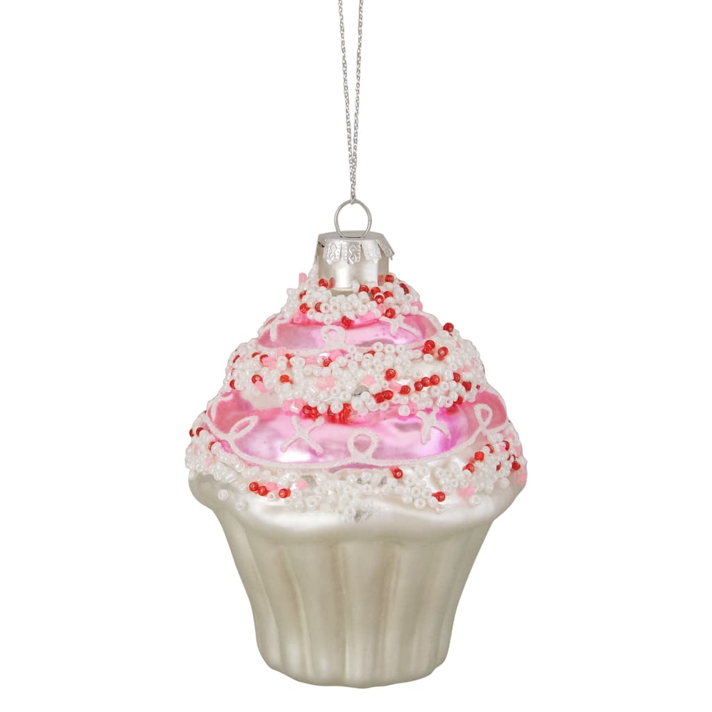 4" Pink and White Cupcake with Sprinkles Glass Christmas Ornament