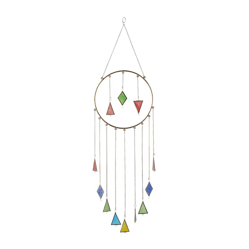 Metal Geometric Windchime with Stained Glass - Multi Colored - Roche River Decor - Multi Colored