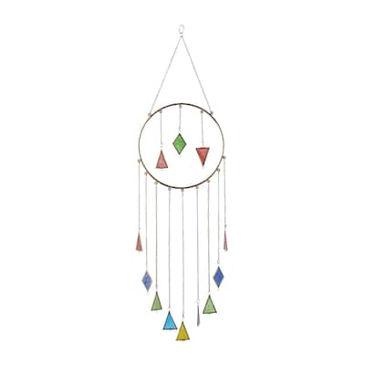 Metal Geometric Windchime with Stained Glass - Multi Colored - Roche River Decor