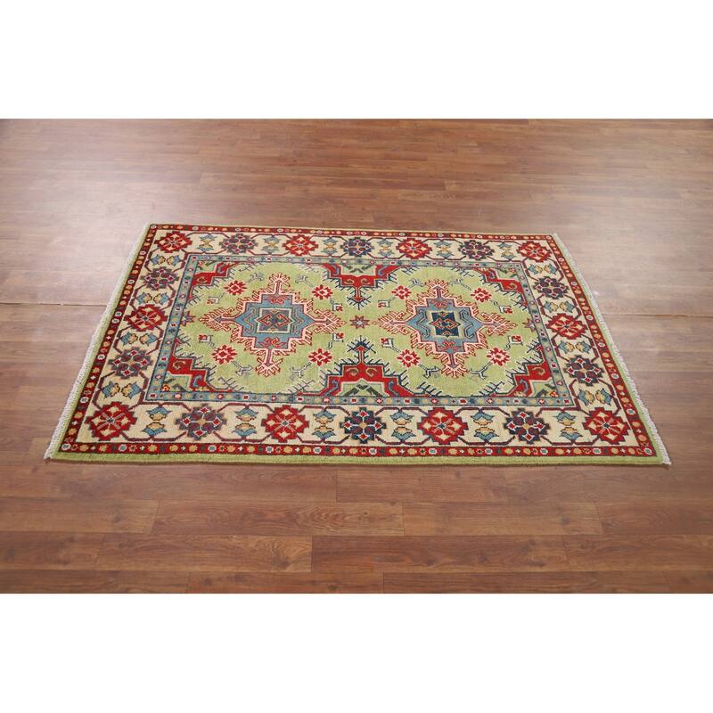 Pistachio Green Geometric Kazak Accent Rug Handmade Wool Carpet - 3'3" x 4'11"