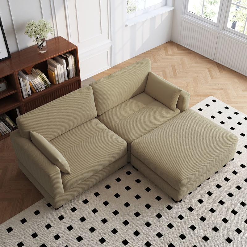 84'' L-Shaped Corduroy Comfy Couch Modular Sectional Sofa With Ottoman