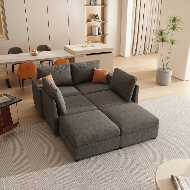 123" U-Shaped Modular 4 Seater Sectional Sofa with Storage Ottomans, Easy Assembly and Transport