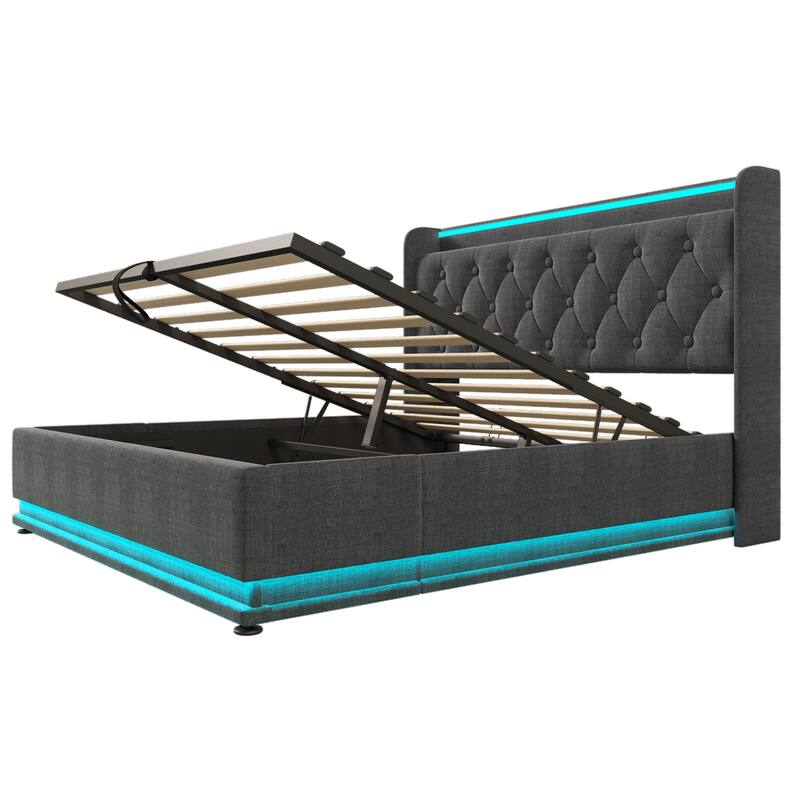 Metal Frame Storage Bed LED Linen Upholstered Platform Bed, Queen
