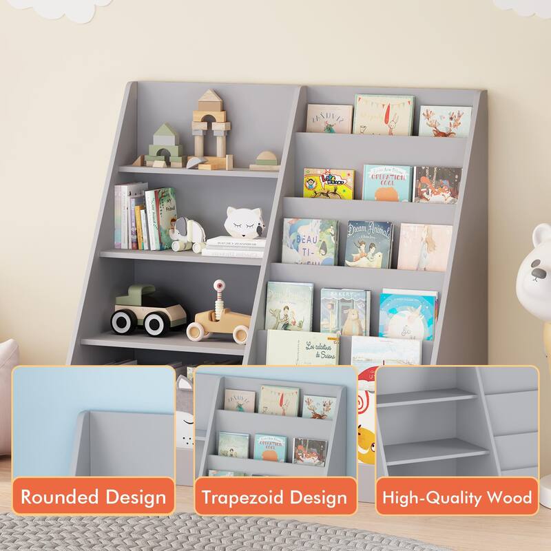 Anmytek Kids Bookcase Large Capacity Trapezoid Bookshelf Eco Friendly Wood Toy Storage Organizer Cabinet