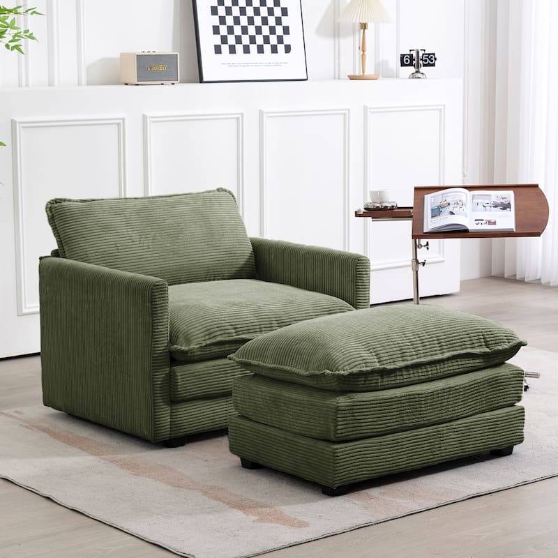 Oversized Corduroy Armchair with Plush Cushions and Movable Ottoman - Olive Green