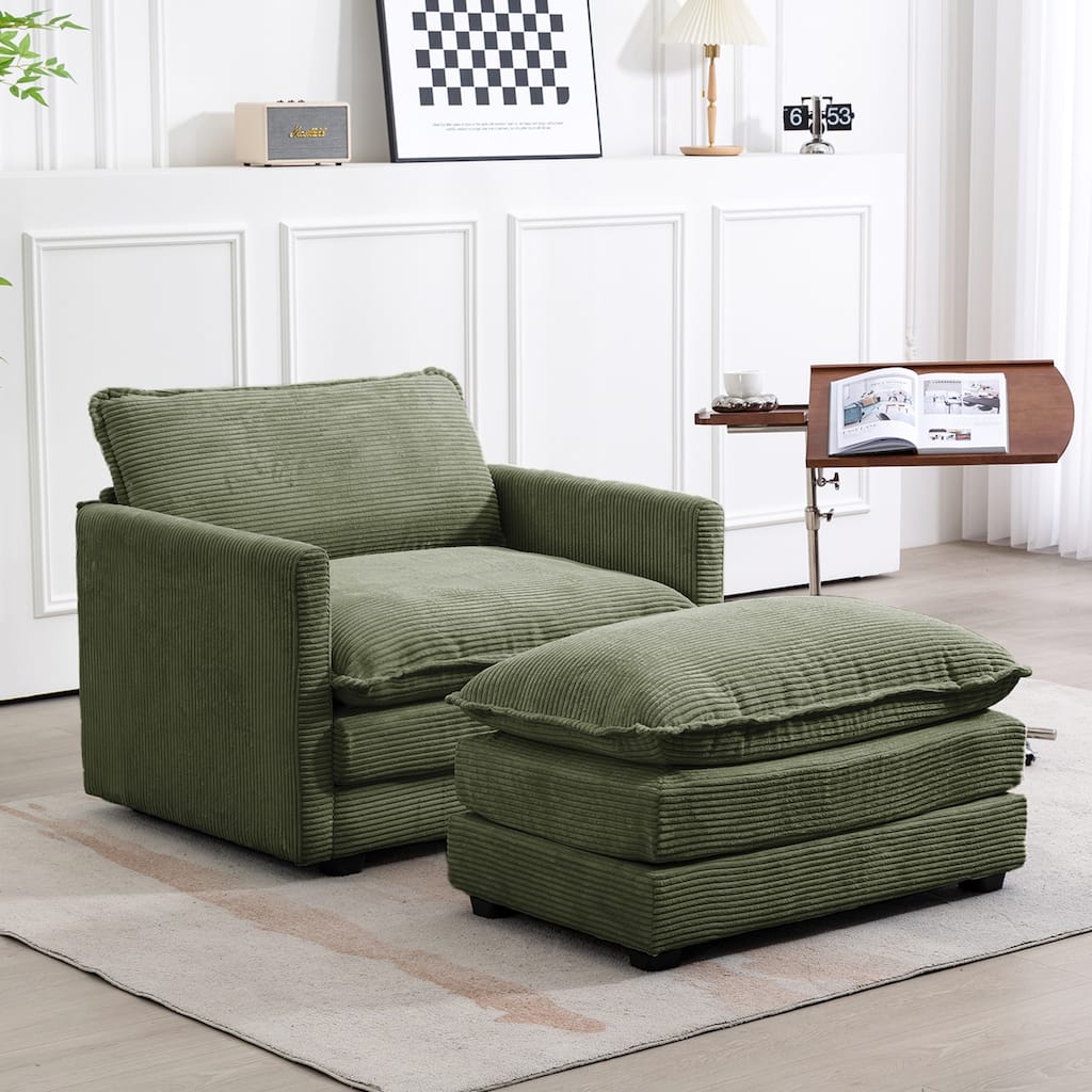 Oversized Corduroy Armchair with Plush Cushions and Movable Ottoman