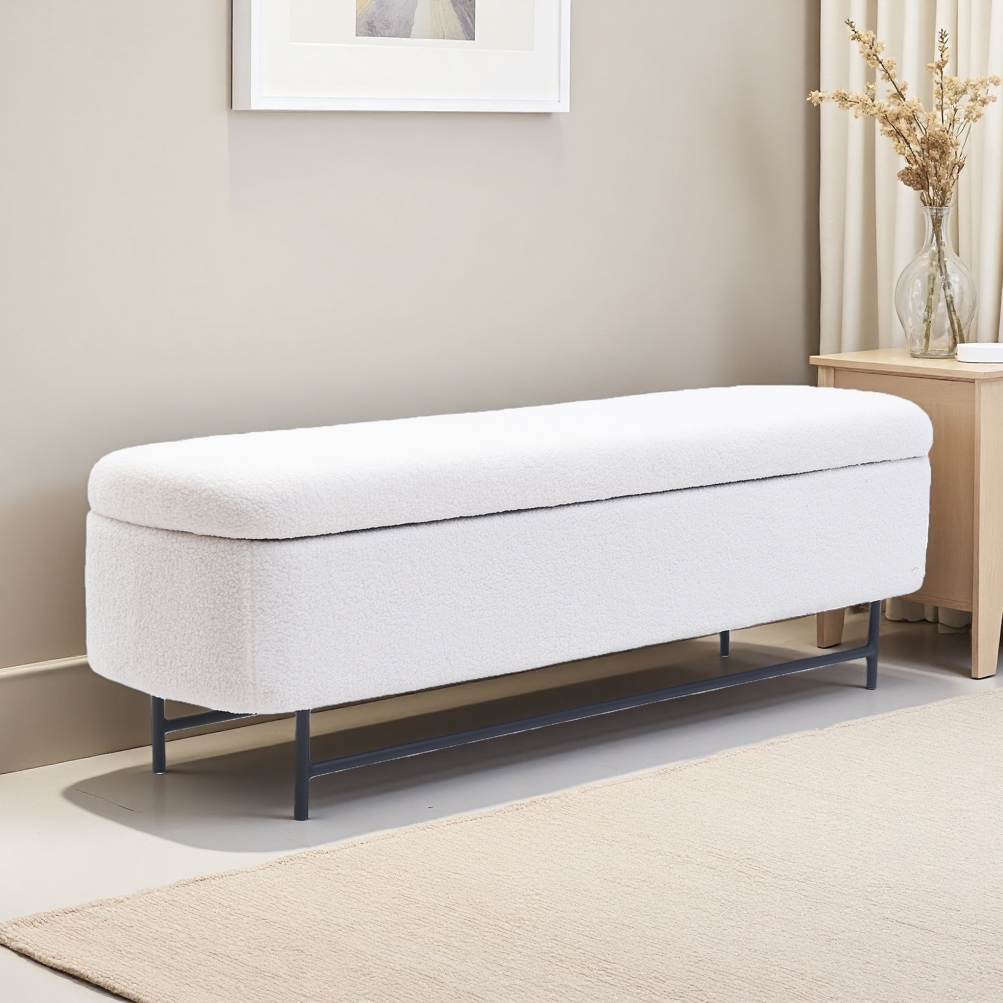 56"L Indoor Bench with Large Storage, Metal Legs, Soft Fabric Seat, Safety Lift-Top, for Living Room Bedroom Entryway End of Bed