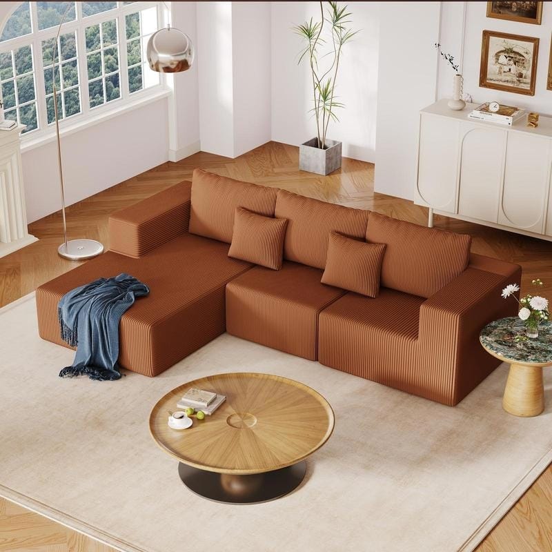 108.3" Sectional Foam Couch,L Shape Sofa with Chaise Lounge - Reddish Brown