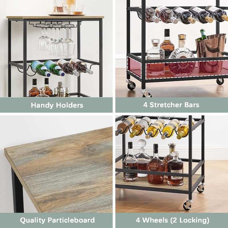 Industrial Bar Serving Cart with Casters, Glass Holders, Wine Holders