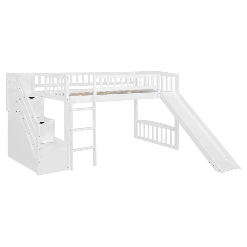 Stairway Twin Size Loft Bed with Two Drawers and Slide, Solid Wood Frame, Convertible Ladder, and Storage Space