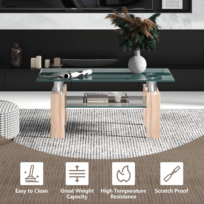 Costway Rectangle Glass Coffee Table Metal Legs End Table Livingroom
