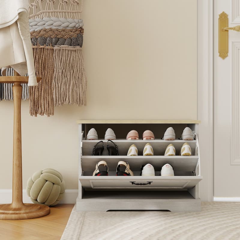 17.71 in. H x 23.62 in. W Antique White Shoe Cabinet with 1 Flip Drawer and Adjustable Shelf