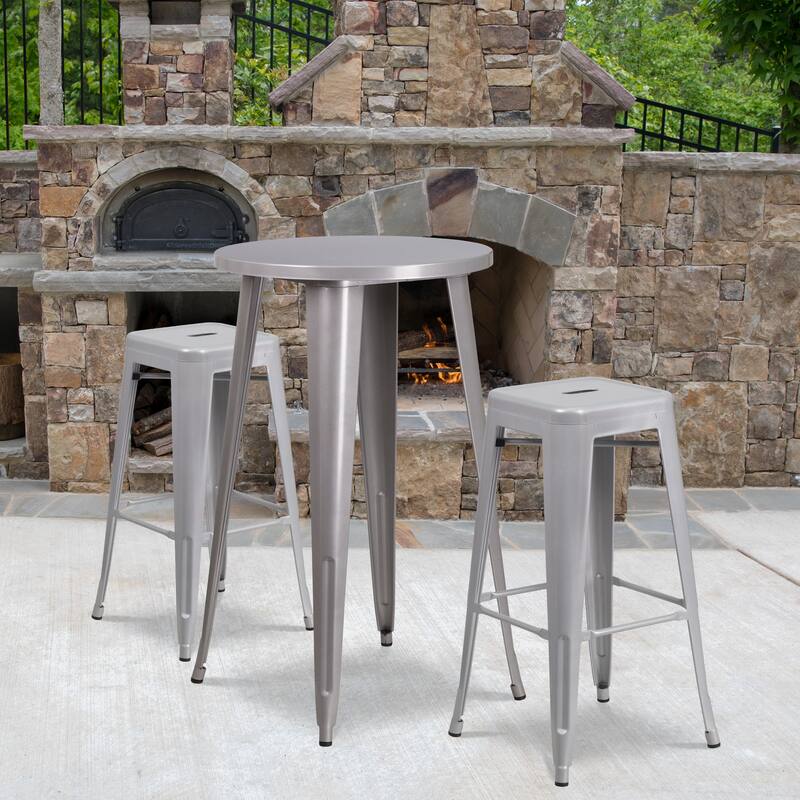 24'' Round Metal Indoor-Outdoor Bar Table Set with 2 Square Seat Backless Stools - Silver