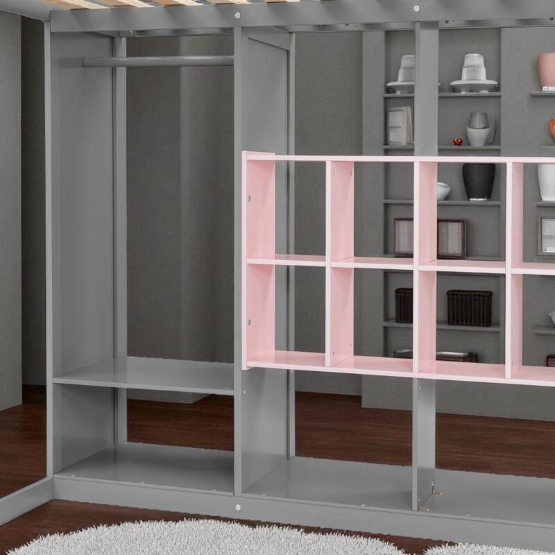 Space-Saving Twin/Full Loft Bed, Solid Wood Frame with Open Wardrobe, Colorful Shelves, Cabinet Storage & Reversible Ladder