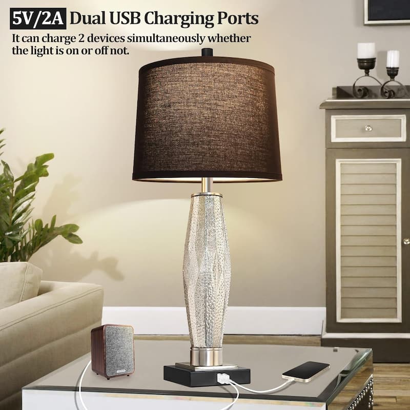 Table Lamps Set of 2, Bedroom Lamp with USB A+C Charging Ports, Modern Glass Beside Lamps for Living Room