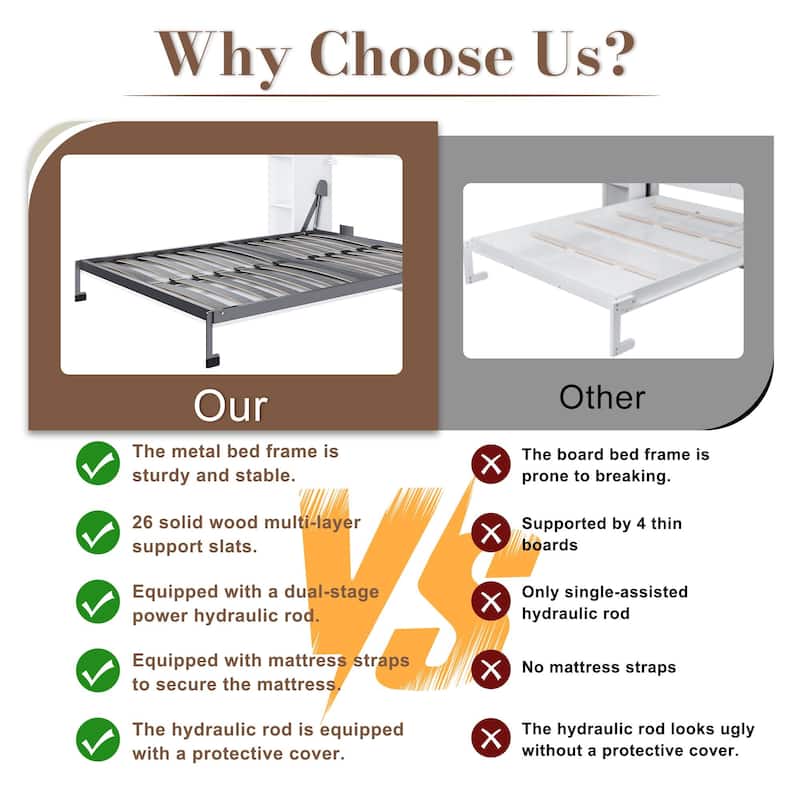 Queen Murphy Bed/Farmhouse Wood Hidden Foldable Wall Bed Frame w/Gas Struts/Solid Wood Support Slats/No Box Spring Needed/White