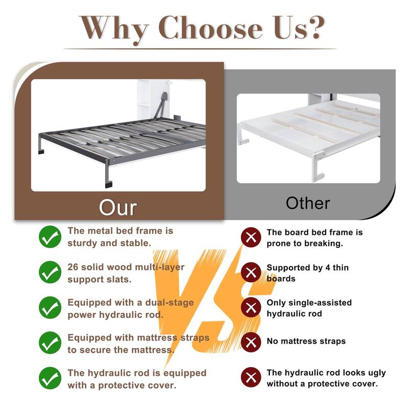 Queen Size Murphy Bed Foldable Wall Bed Frame Cube Cabinet Bed, Solid Wood Support Strips Platform Bed, Save-Space Hidden Bed