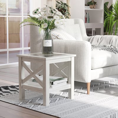 Modern White Oak Coffee Table with Tempered Glass Top and Storage Shelf X-Frame Design - 17.75'' L x 17.75'' W x 19'' H