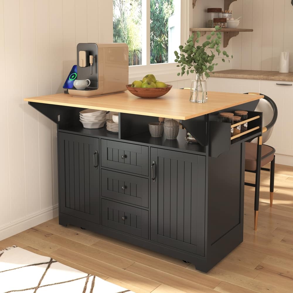 Rolling Kitchen Island Cart, Mobile Kitchen Island on 5 Wheels with 2 Drop Leaf, Power Outlet, Storage Cabinet & Drawers