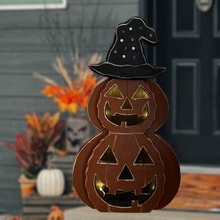 25in Wooden Lighted Jack O Lantern with Hat and Timer Battery Operated ...