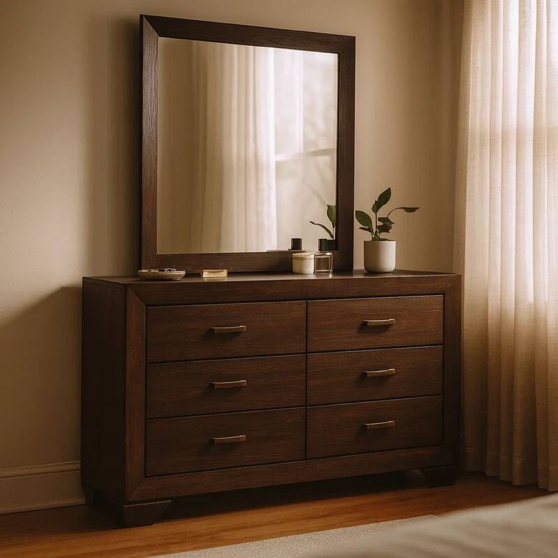 Bello Wide Dresser with Matching Mirror, 6 Drawers, Dark Cocoa Brown