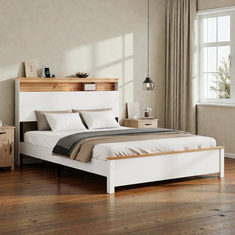 Rustic Wooden Bed Frame with Storage Headboard, LED Lights and Charging Station, Noise-Free Metal Slats, No Box Spring Needed