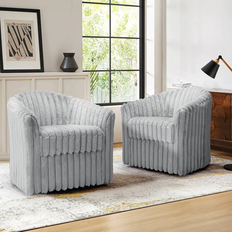 2 Set Modern 49" Upholstered Plush Corduroy Swivel Barrel Accent Chair - Blue Grey