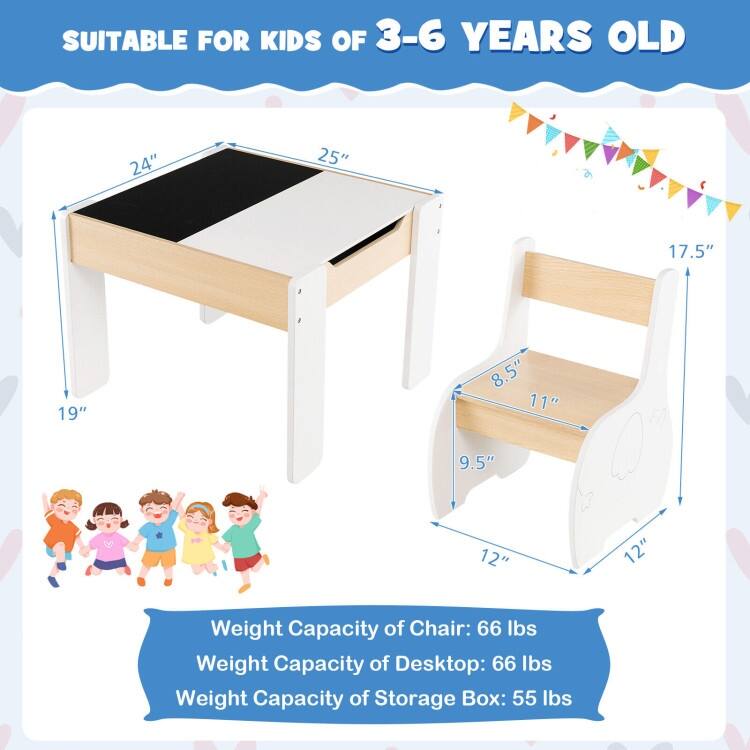 4-in-1 Wooden Activity Kids Table and Chairs with Storage and Detachable Blackboard - 25" x 24" x 19"