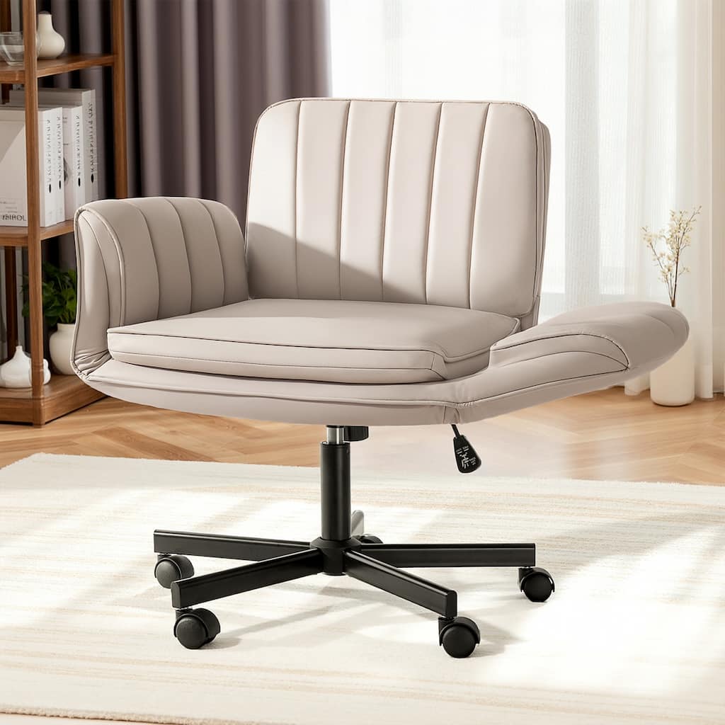 BOSSIN Criss Cross Office Chair with Arms and Wheels - Adjustable Swivel PU Leather Desk Chair for Makeup Vanity, Bedroom