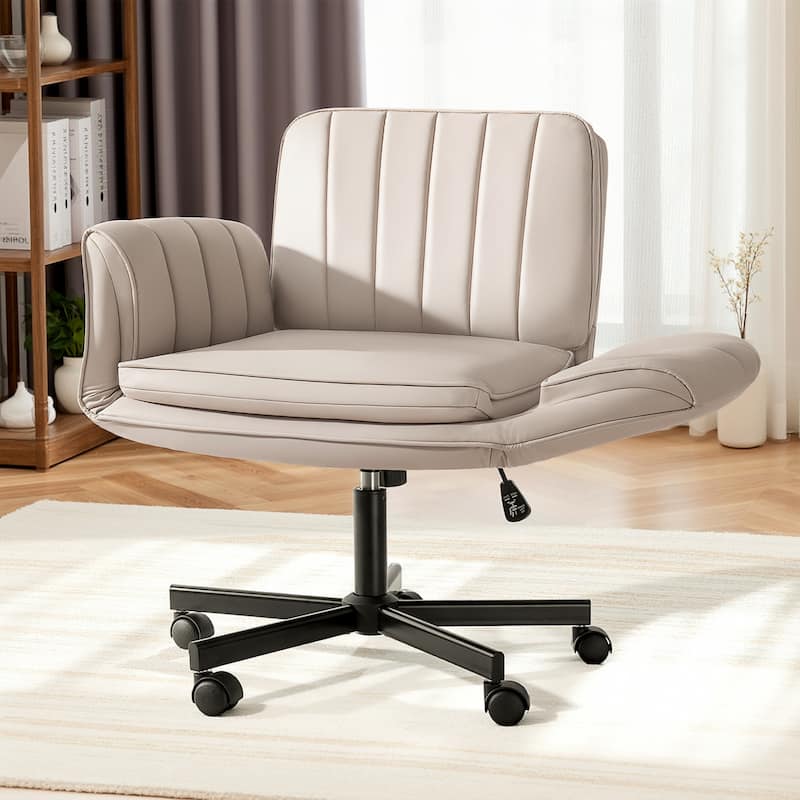 BOSSIN Criss Cross Office Chair with Arms and Wheels - Adjustable Swivel PU Leather Desk Chair for Makeup Vanity, Bedroom - Beige
