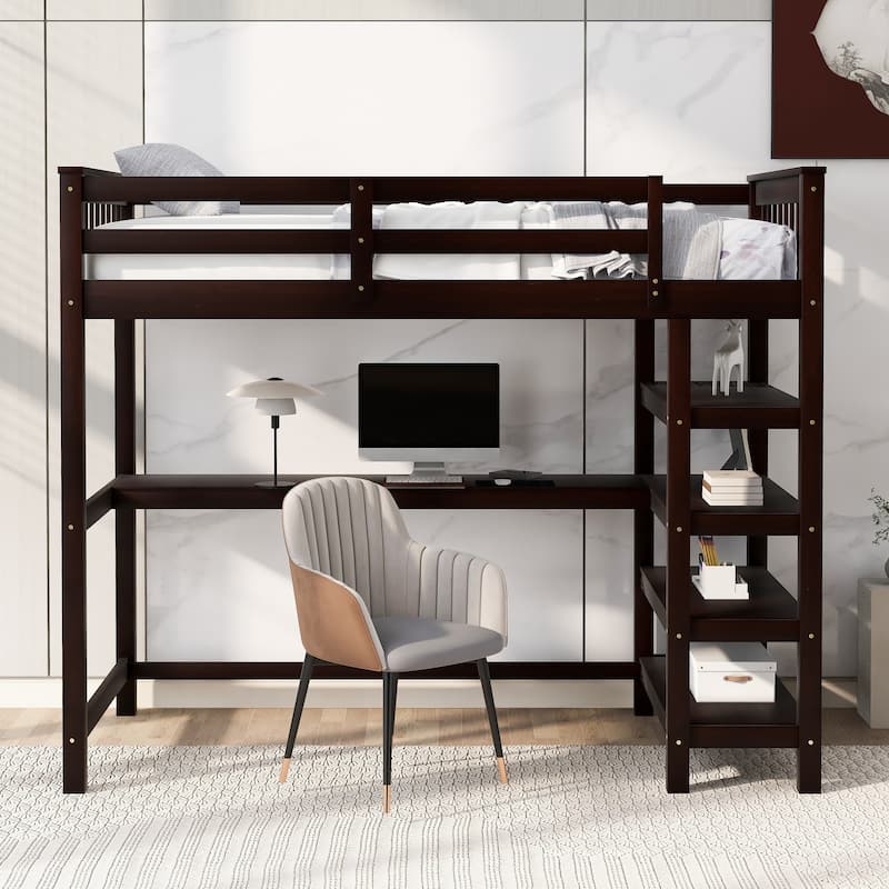 Pine Loft Bed with Storage Shelves