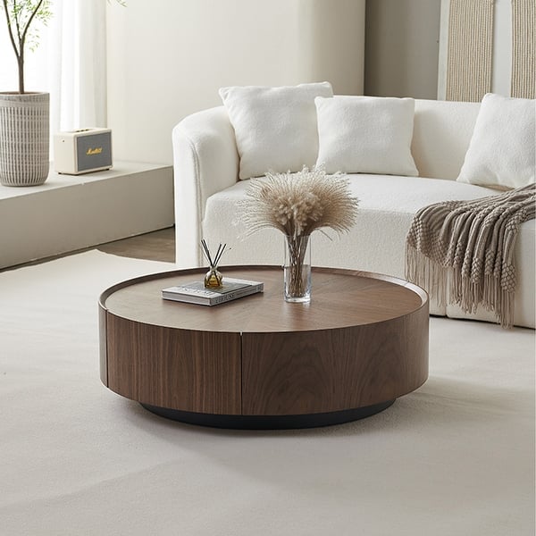 Mid-Century Modern Round Walnut Wood Finish Living Room Table 1 Piece ...