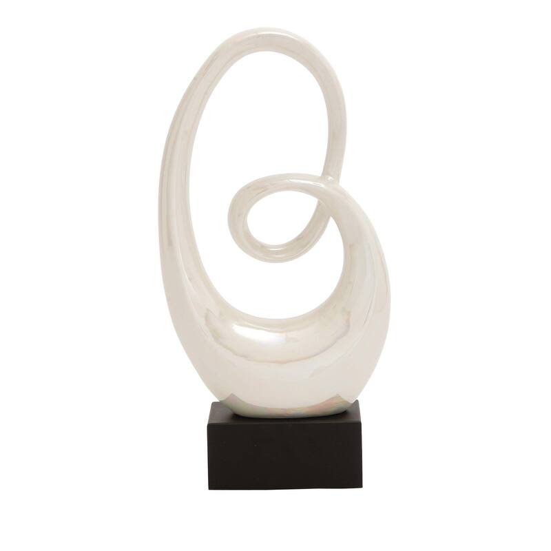 Ceramic Abstract Swirl Decorative Sculpture with Black Wooden Base - Silver or White - Roche River Decor - White - 10"W, 21"H