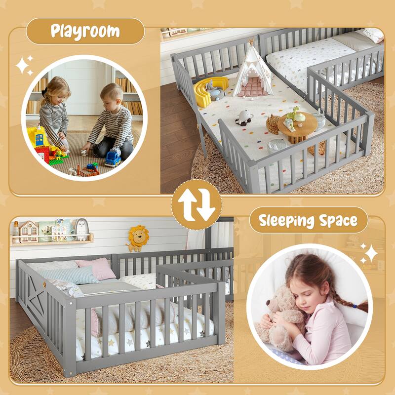 Twin Size House Floor Bed, Double Twin Floor Bed with Door and Full-length Guardrails, Multi-function Design