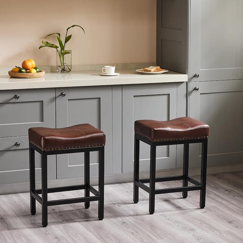 Bar Stools Set of 2, 24 inch Counter Height Saddle Stools, Upholstered Modern Kitchen Barstools with Metal Base, PU Leather - Brown