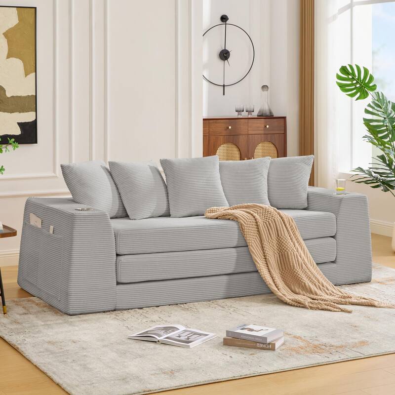2 in 1 Convertible Sofa Bed, Sleeper Sofa with Storage Pockets, Pull Out Loveseat Couch with Two Cup Holders