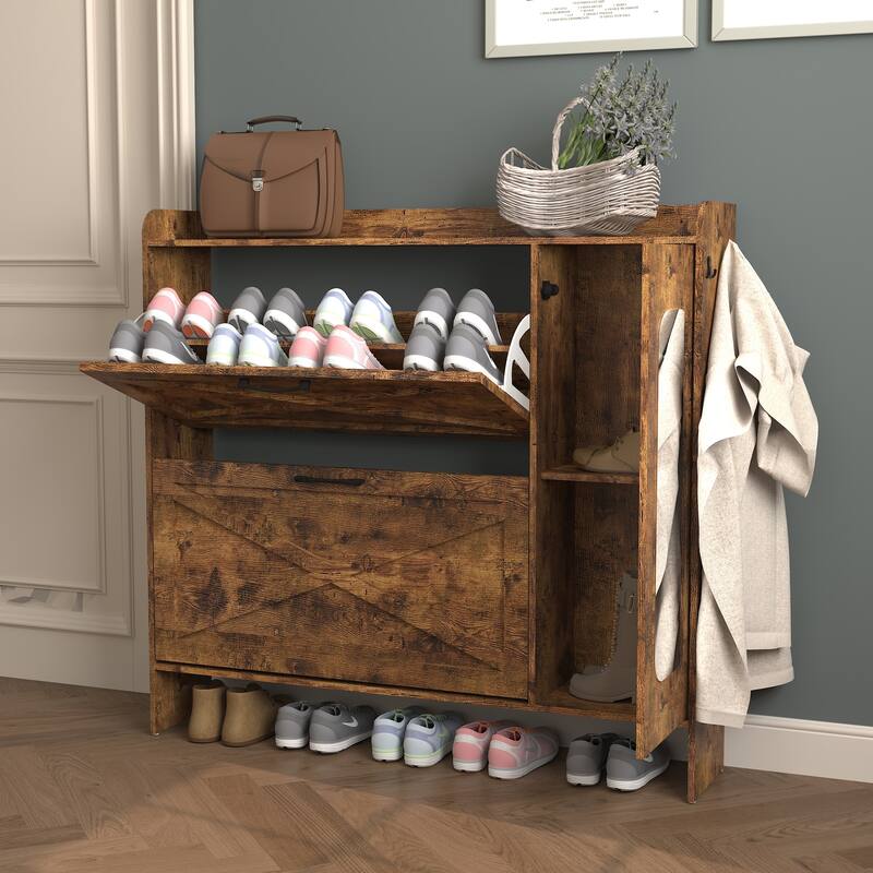 Distressed Shoe Storage Cabinet with 2 Flip Drawers, Freestanding Organizer Narrow Shoe Rack Cabinet