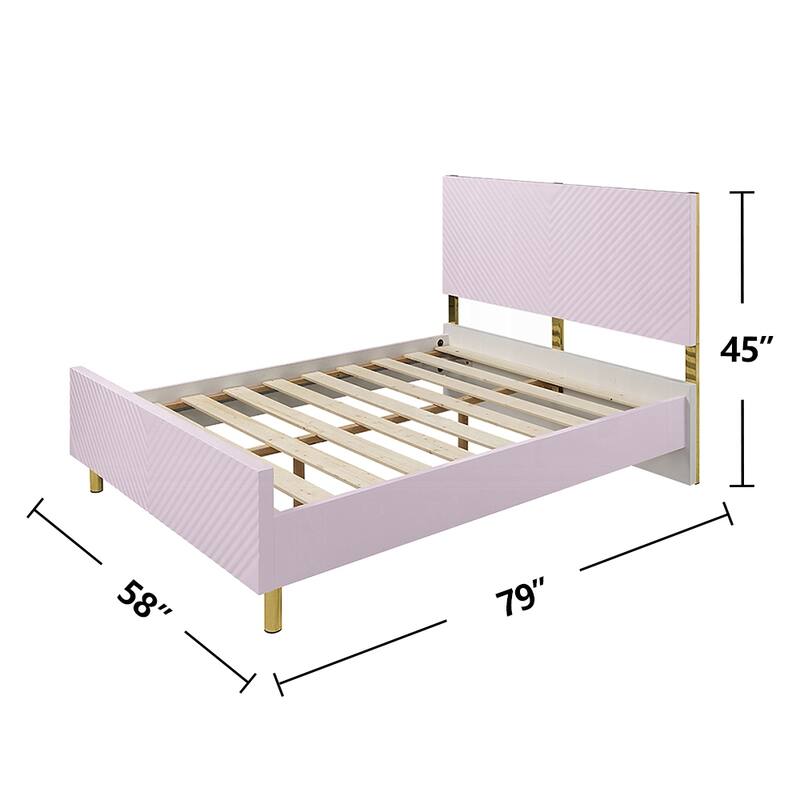 Wooden Full-Size Bed with Metal Legs in High Gloss Pink Finish