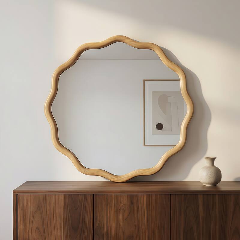 24 inch Wavy Round Solid Wood Frame Decorative Mirror,For Bedroom, Bathroom, Living Room, Entryway