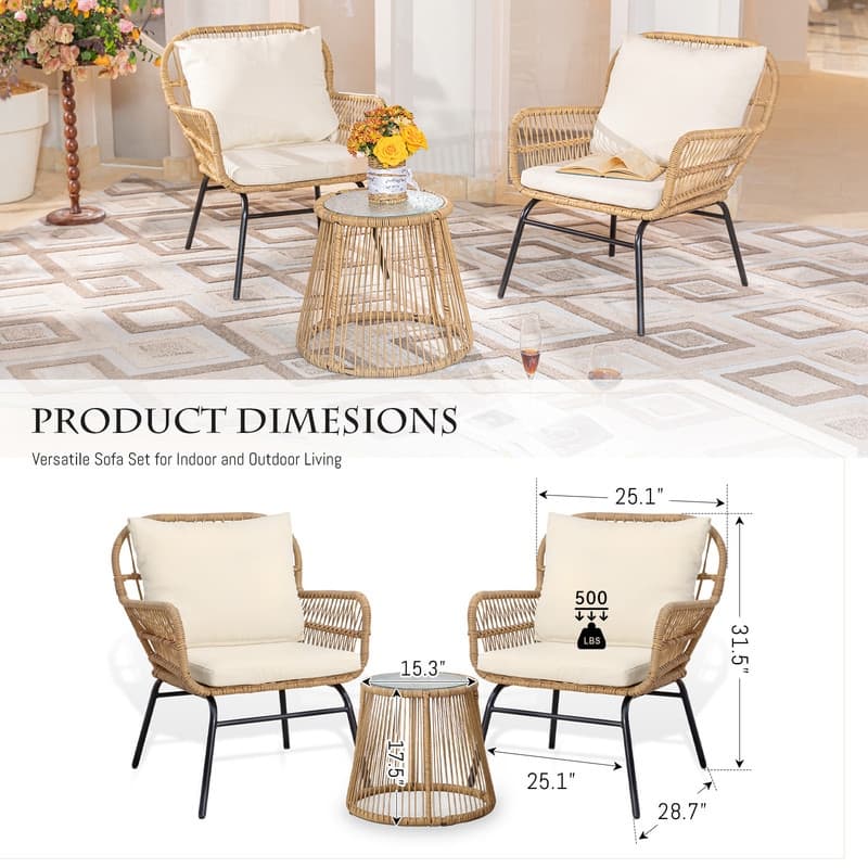 6-Piece Boho Wicker Patio Furniture Set, L-Shaped Sectional Sofa with Ice Bucket, 500 lbs Capacity Outdoor Conversation Set